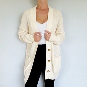 SO cream off-white oversized v-neck chunky cotton cardigan sweater large